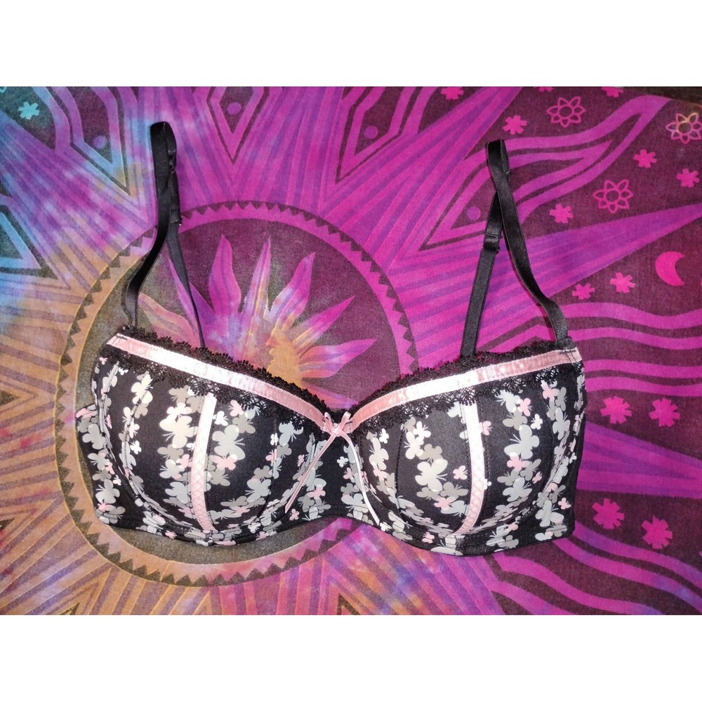 Y2K 34C Candie's Balconette Underwire Bra Black Pink Gray Floral Coquette
